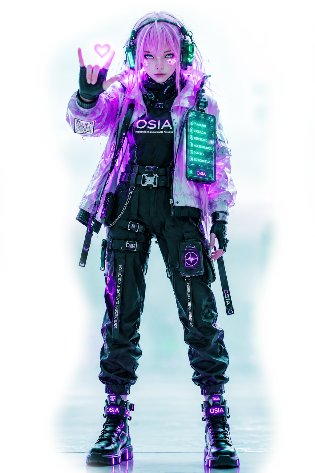 Personagem OSIA sinalizando, com painel de acessibilidade em destaque