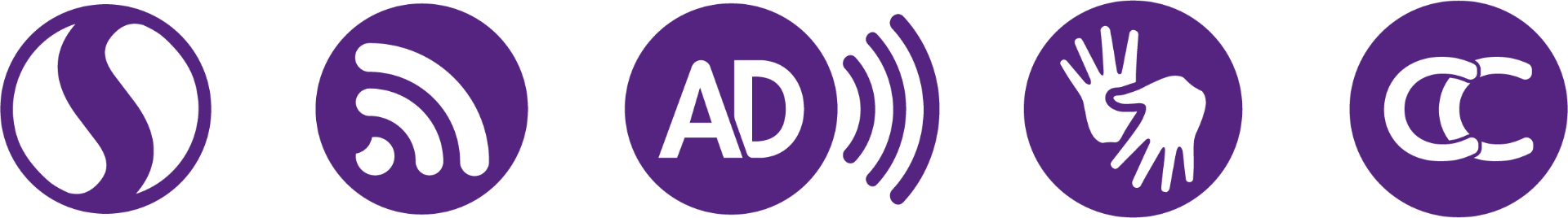 Ícones de recursos de acessibilidade: leitor de tela, feed acessível, audiodescrição, Libras e legendas descritivas